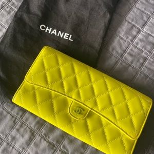 Chanel authentic neon yellow patent leather wallet